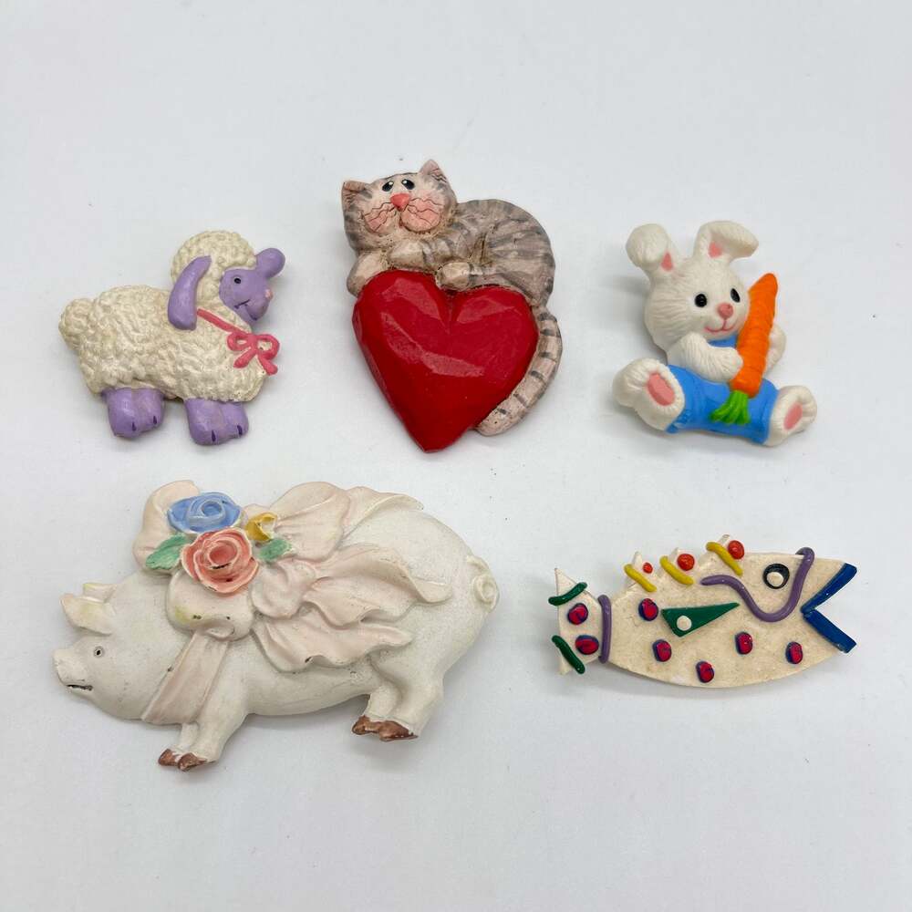 Vintage Animal Brooch Lot Costume Jewelry Clay Plastic Kitsch Cat Fish Pig Lamb